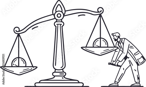 Conceptual line art of a man in a suit manipulating the scales of justice with a lever.