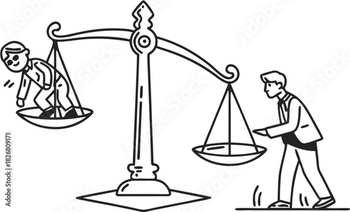 Cartoon Balance Scale with Man and Child, Black and White Illustration