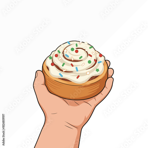 Hand holding sweet cinnamon roll with cream and colorful sprinkles in appetizing mood on isolated white background with copy space