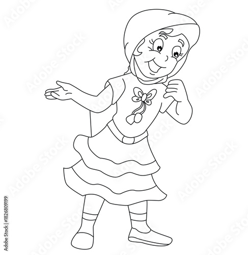 Cute cartoon hand drawn vector smiley Islamic girl outline.
