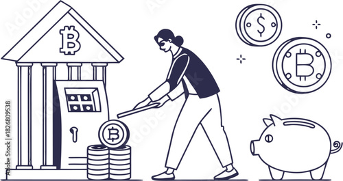Stylized woman depositing Bitcoin into a crypto ATM, surrounded by digital coins and a piggy bank.