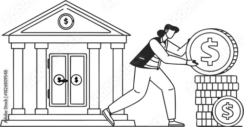 Monochrome line art illustration of a person stacking a large dollar coin in front of a bank.