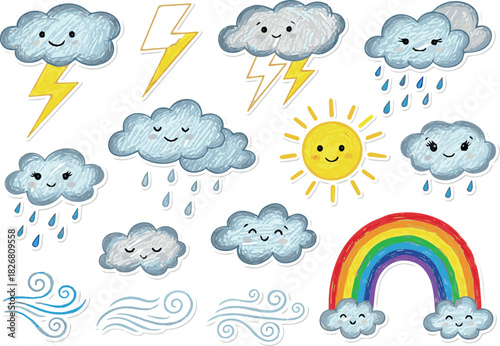 Create Childish crayon drawn clouds, lightnings, sun, rainbow and wind motion collection. Hand drawn colorful kid's stickers, naive funky vector elements. Cloud rain weather cartoon cute set on white 