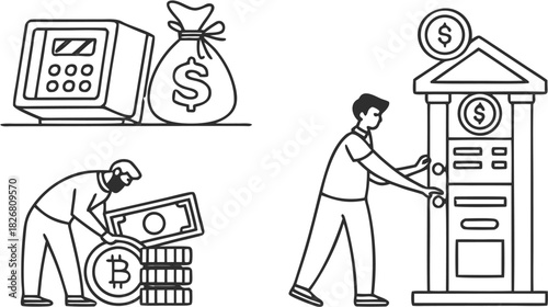 Black and white doodle financial icons set illustrating banking, savings, and cryptocurrency.