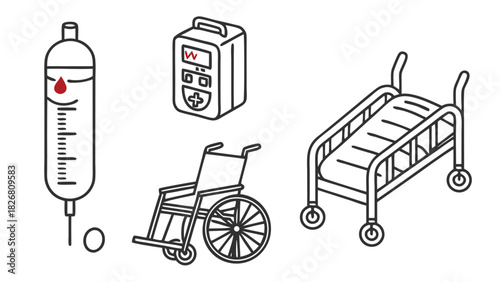 A minimalist line art set of essential hospital equipment, including a gurney, wheelchair, defibrillator, and IV drip with a red accent.