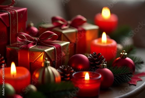 Festive scene displaying gifts, candles, ornaments, and pine cones in warm, inviting light
