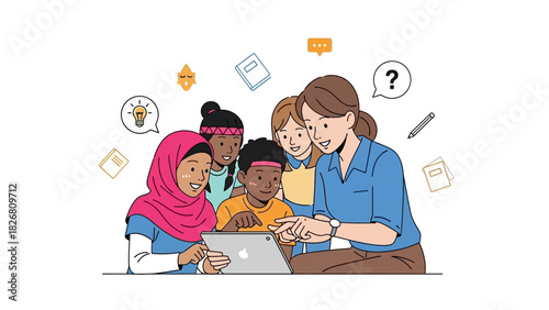 Teacher and students using tablet for educational purposes in classroom.