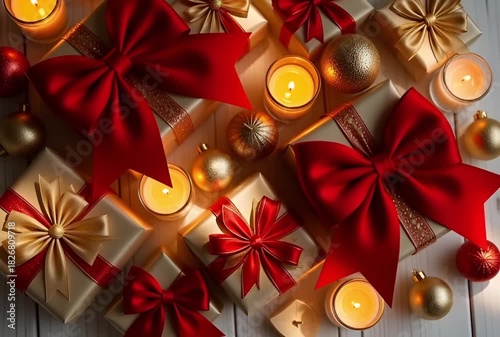 Overhead view of gifts with red bows and gold ornaments and lit candles on white wood surface