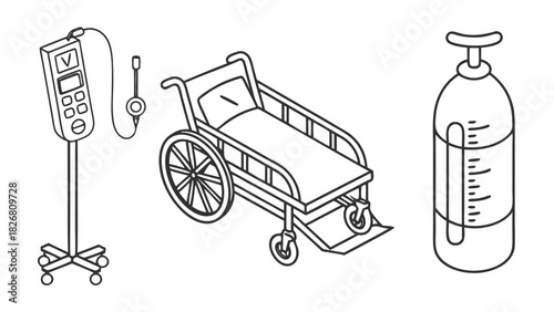 Medical Equipment Line Art: IV Drip, Wheelchair, Oxygen Tank Illustration