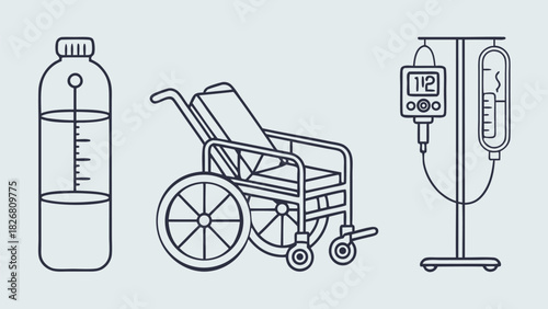 Essential healthcare line art icons: water bottle, wheelchair, IV drip stand, pump, bag, medical illustration.