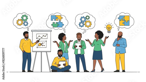 Team brainstorming session with diverse individuals and ideas.