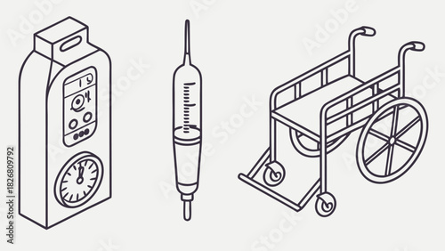 Isometric line art medical equipment: syringe, device, and wheelchair