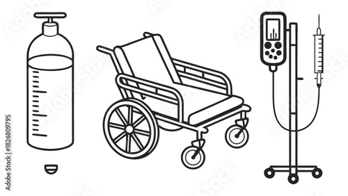 A set of medical equipment line icons featuring a wheelchair, oxygen tank, and an IV drip stand with a pump.