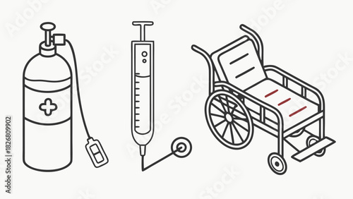 Minimalist medical equipment icons: oxygen tank, syringe, and wheelchair with red accents.