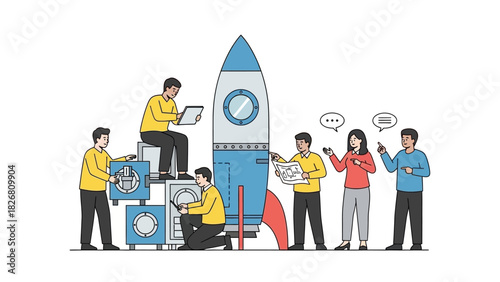 Team of people building and launching a rocket, symbolizing business startup and innovation.