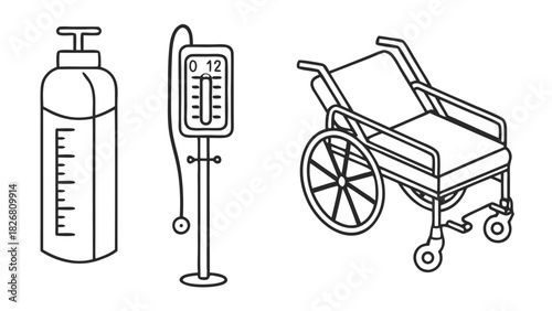 Medical Equipment Line Art: IV Drip, Oxygen Tank, and Wheelchair