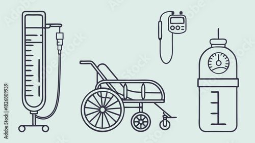 Outline illustration set of hospital equipment including a wheelchair, IV bag, and medical devices.
