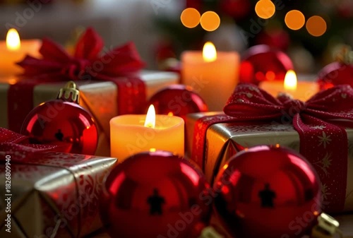 Festive christmas display with gifts ornaments and candles creating a warm holiday atmosphere