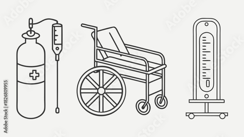 Simple Black and White Wheelchair Illustration with Large Wheels, Medical Concept