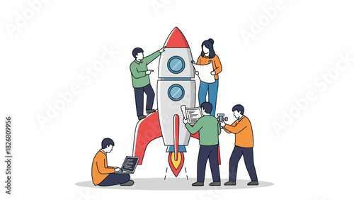 Teamwork building a rocket ship for successful launch and project start.