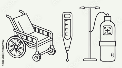 Minimalist black outline medical equipment set: wheelchair, thermometer, and IV drip stand with bag.
