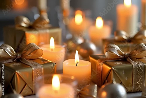 Golden wrapped gifts and lit candles create a warm and festive holiday atmosphere indoors scene