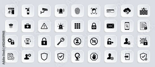 Security and safety glyph icon set. Vector pictograms of access control, protection alert, surveillance tools, authentication signals, firewall defense and digital safety illustration
