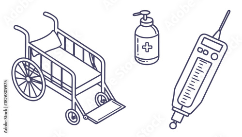 Medical equipment icons: wheelchair, sanitizer, and thermometer