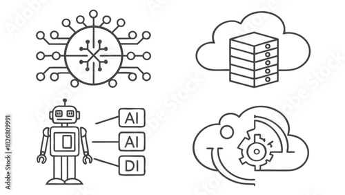 Four minimalist line art icons: neural network, cloud server, AI robot, and cloud processing gear, depicting modern technology.