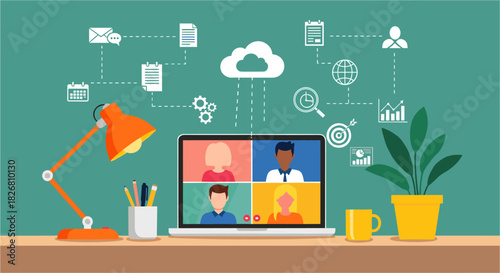 Join a vibrant virtual meeting with diverse colleagues from your desk for a collaborative work session today