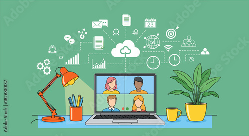 Engaging virtual meeting with diverse team displayed on laptop, fostering connection and collaboration with remote colleagues