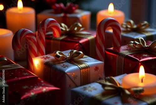 Festive christmas gifts with candy canes and candles creating a warm holiday atmosphere indoors