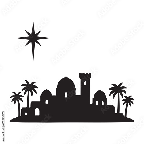 Christmas Nativity Scene Silhouette of a Starry Night over a Village with Palm Trees