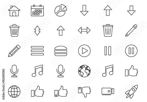Outline icons arranged in a 5x7 grid featuring navigation media communication and general utility symbols