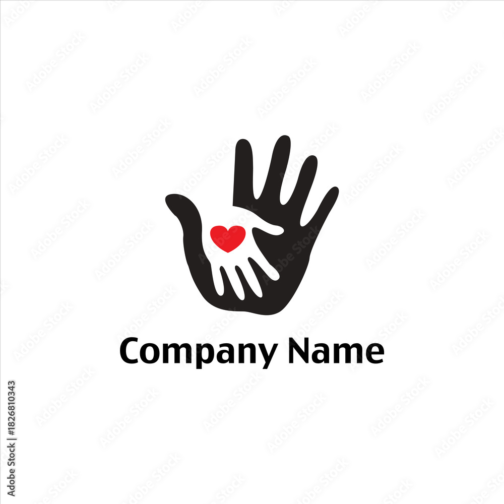 Fototapeta premium Stylized logo featuring a large black hand cradling a smaller white hand with a red heart, symbolizing care, support, and community.