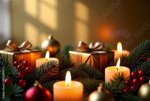 Golden gifts and glowing candles amidst christmas ornaments and pine branches display scene decor 100