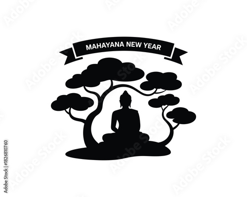 Mahayana New Year celebration silhouette with meditating buddha 