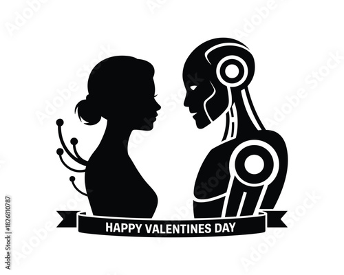 Human and Robot Love Concept for Valentines Day with Elegant Silhouettes illustration