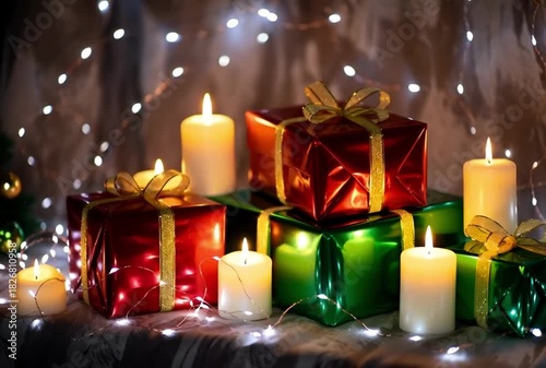 Arrangement of wrapped gifts and lit candles with string lights background on a surface