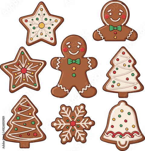 Create Christmas Gingerbread cookies for xmas celebration. Winter homemade sweets and biscuit in festive shapes isolated on white background. Cute flat desserts. Cartoon vector illustration