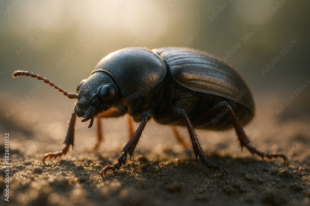 Naklejka premium Close-up of a dark beetle crawling on the ground in natural sunlight