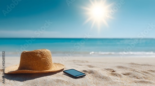 Woven straw sunhat and portable electronic device resting on sandy beach near turquoise ocean under bright daylight