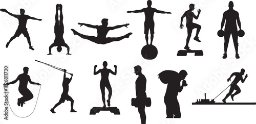 Silhouette collection of diverse fitness activities and exercises for health and wellness