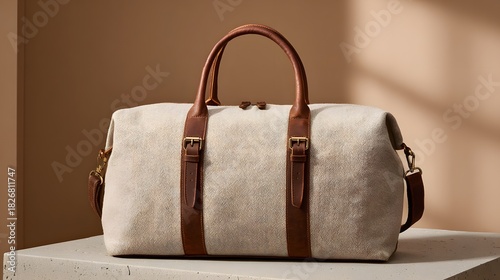 Handsome duffel bag crafted from light textile material with rich leather accents sits on a surface