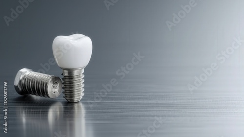 Macro shot of dental implant with white crown standing on grey surface. Concept of prosthodontics, oral surgery and biomechanics with copy space.