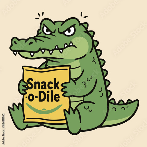 Snack-o-Dile Pun Funny Angry Gator Protecting Food Mascot