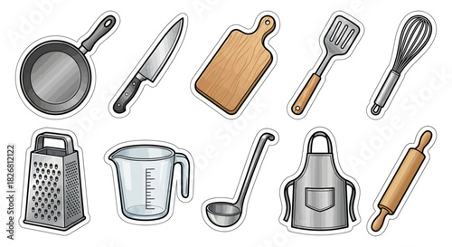 A collection of essential kitchen utensil and cookware illustrations, perfect for cooking and food preparation designs