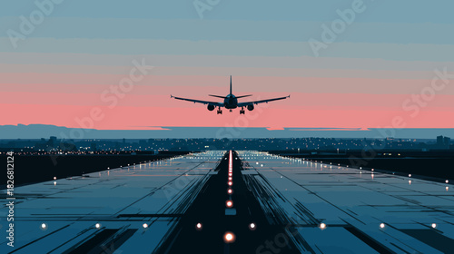 Passenger airplane landing on an illuminated airport runway at twilight with a dramatic sunset or sunrise sky