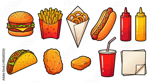 A collection of classic fast food icons including a hamburger, fries, and hot dog. Colorful vintage-style engraved vector illustration set isolated on white