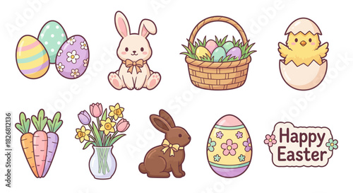 A charming collection of cute kawaii Easter icons featuring bunnies, decorated eggs, and spring elements for holiday greetings